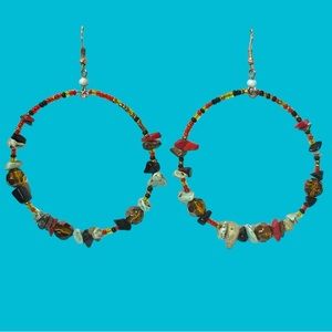 🩷LARGE RED‎ BROWN BLACK GREEN MULTICOLORED HOOP EARRINGS